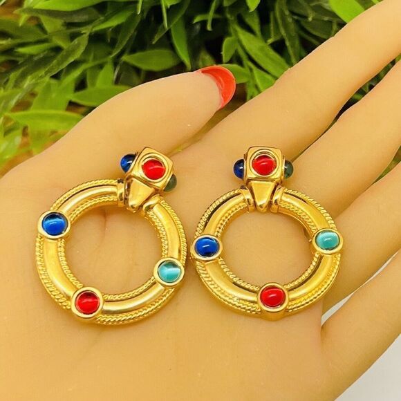 Vintage Mogul Jewels Gripoix Dangle Door Knocker Gold Red Blue Green Earrings - Picture 3 of 10